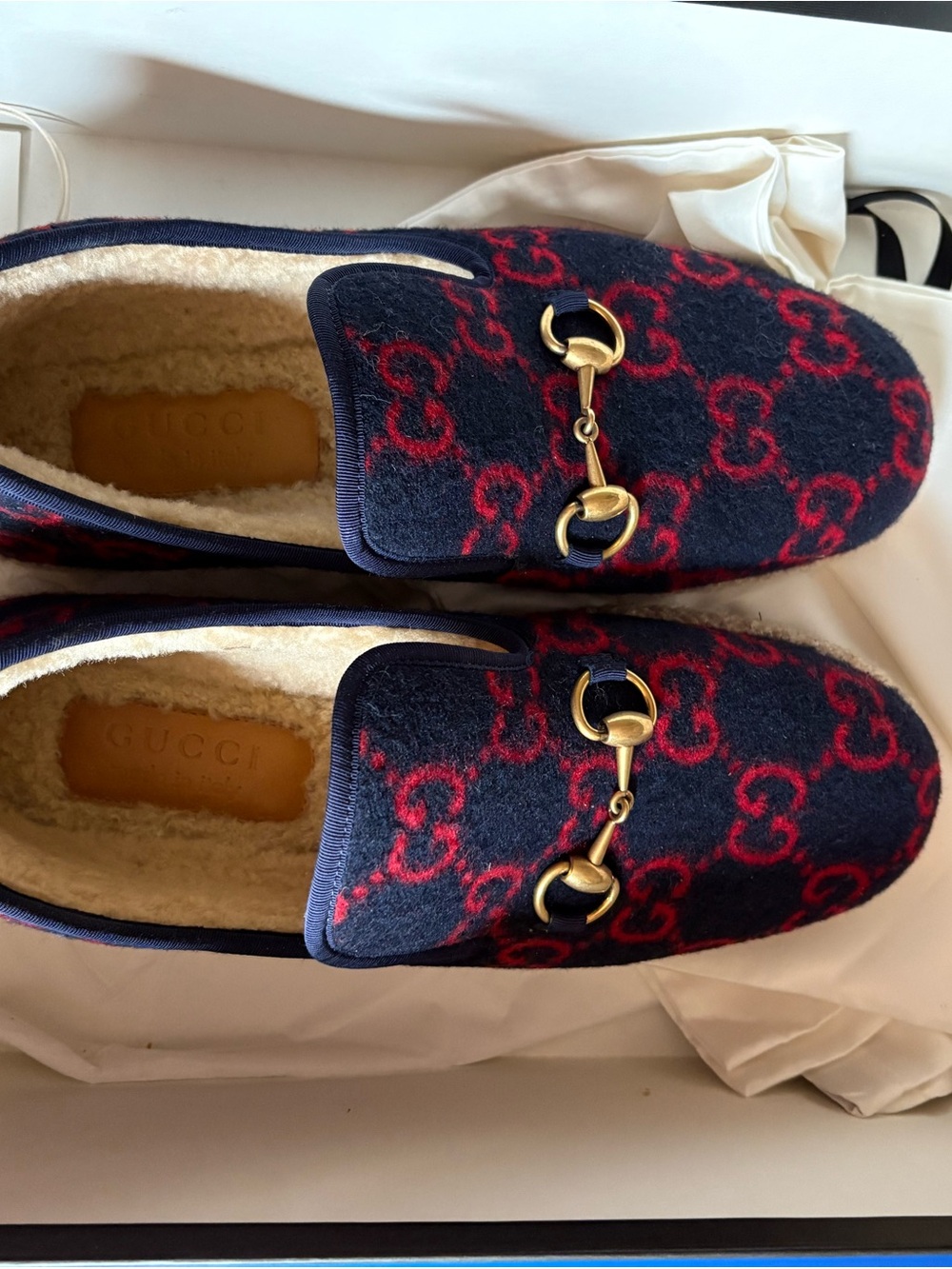 Gucci Navy Wool Loafers with Red GG Motif and Gold Horsebit